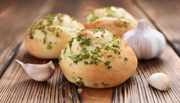 Foto primer plano de panes frescos con ajo y pimienta en una mesa de madera panadería sabrosa comida deliciosa