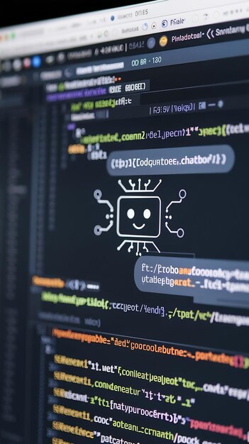 En primer plano en la pantalla de la computadora con un bot de chat de inteligencia artificial creando un código de software único