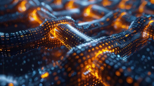 un primer plano de una pantalla de computadora con un patrón de luces naranjas y azules