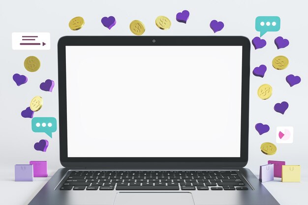 Primer plano de una pantalla de computadora portátil blanca vacía con íconos de compras en línea Comercio electrónico y concepto de compra Renderización 3D