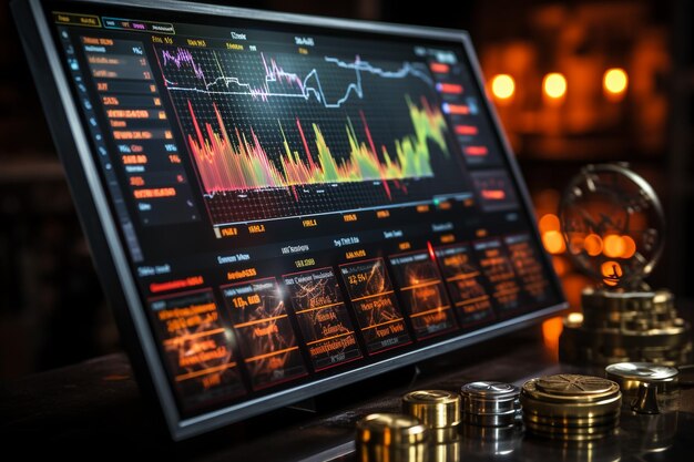 Primer plano de una pantalla de computadora portátil y teléfono celular con diagramas Crypto trader broker inversor usando smartph