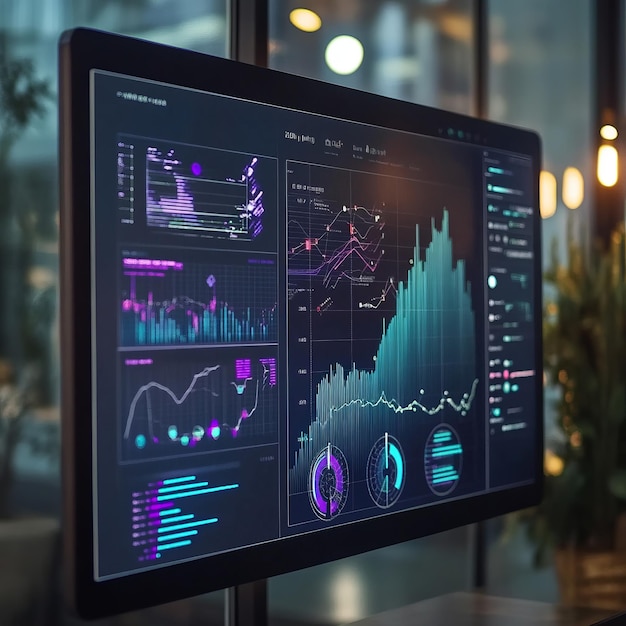 Primer plano de una pantalla de computadora que muestra visualizaciones de datos con varios gráficos y gráficos