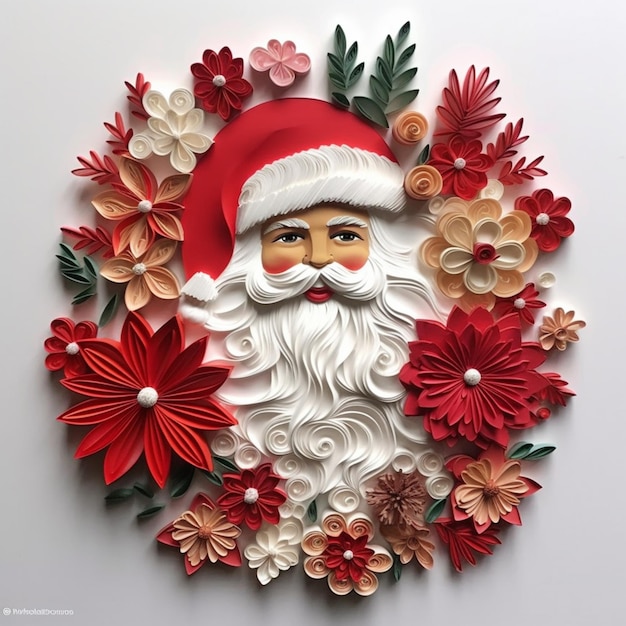 un primer plano de un Papá Noel cortado en papel rodeado de flores ai generativo