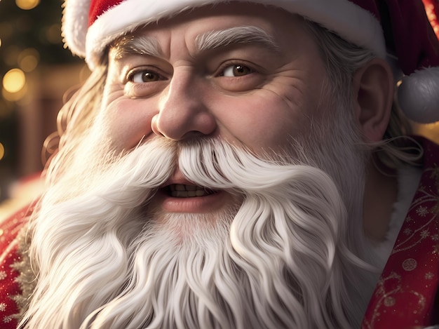 primer plano de Papá Noel con ojos expresivos barba texturizada mejillas rosadas sonrisa alegre