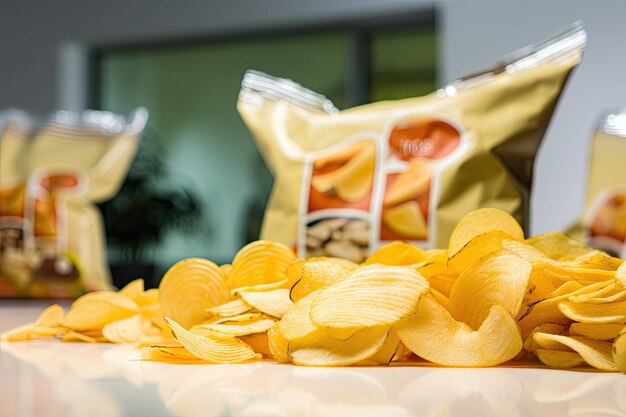 Foto primer plano de papas fritas en bolsas con vista del producto y el precio visible