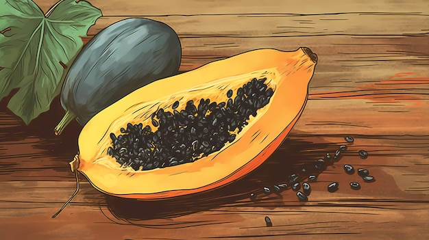 Un primer plano de una papaya en una mesa de madera