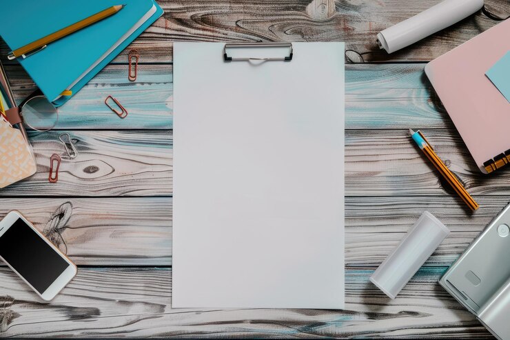 Foto primer plano de papel blanco con papelería y teléfono móvil sobre fondo de madera
