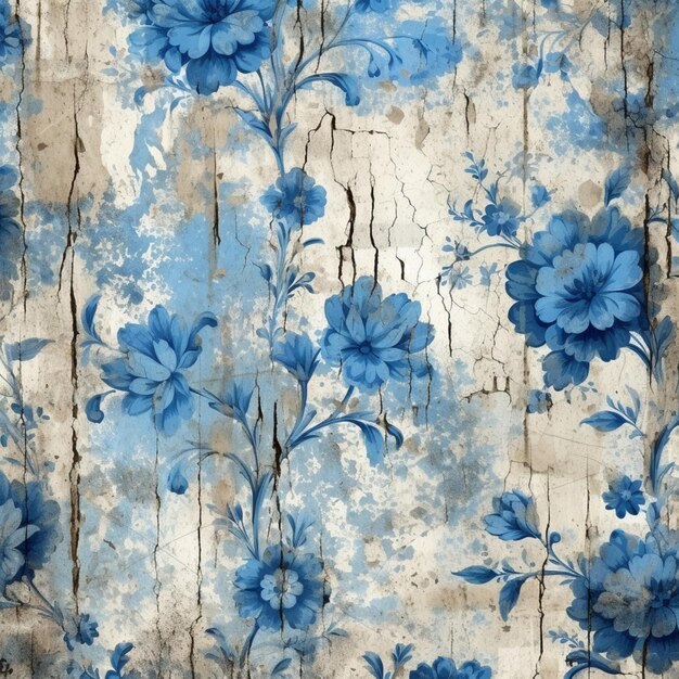 Un primer plano de un papel tapiz floral azul y blanco con un ai generativo de fondo de madera