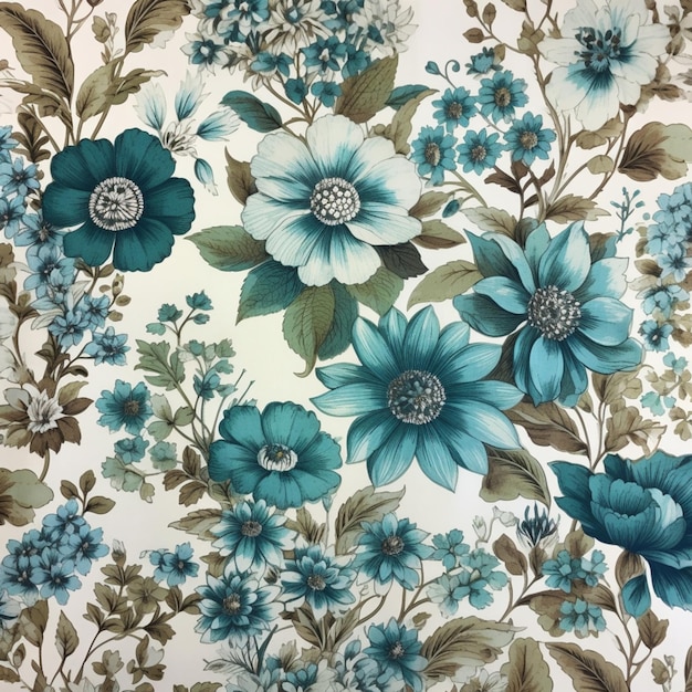 un primer plano de un papel tapiz floral con flores azules generativo ai