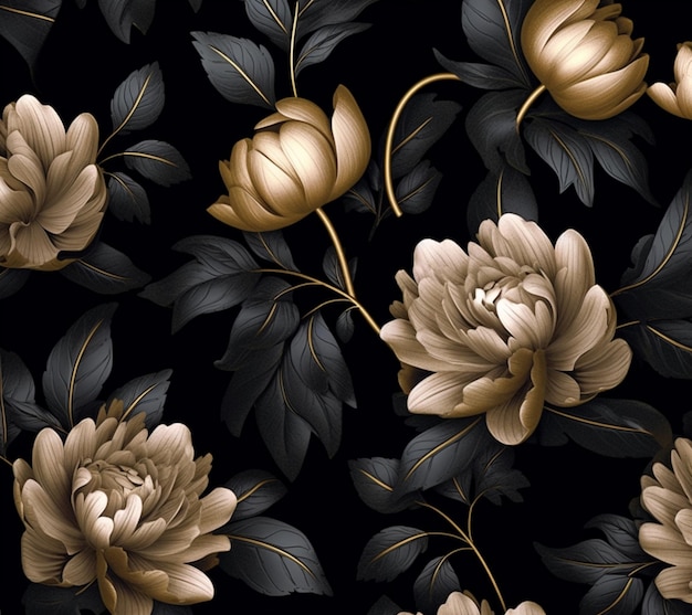 Un primer plano de un papel tapiz floral negro y dorado con hojas generativas ai