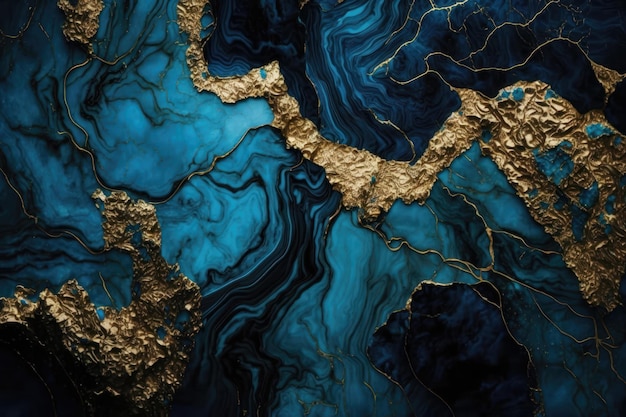 Primer plano de papel tapiz de moda de textura abstracta de tinta de espíritu de oro azul y brillante Generación AI