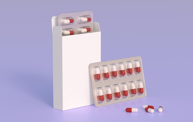 Primer plano del paquete con dos ampollas con pastillas de medicamentos Plantilla de maqueta Representación 3d