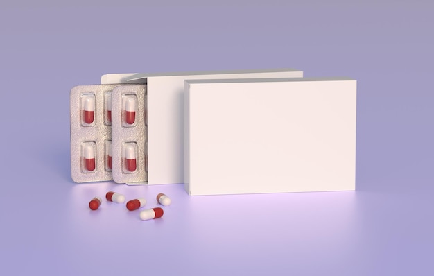 Primer plano del paquete con dos ampollas con pastillas de medicamentos Plantilla de maqueta Representación 3d