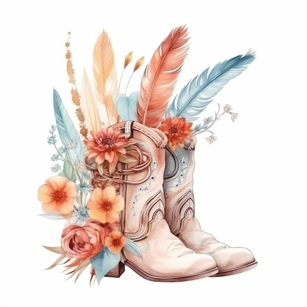 Un primer plano de un par de botas con flores y plumas ai generativo