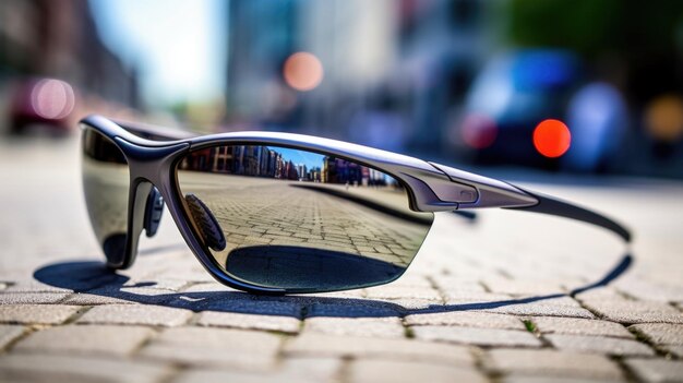 Primer plano de un par de gafas de sol reflectantes con un diseño envolvente y lentes polarizadas para una óptima