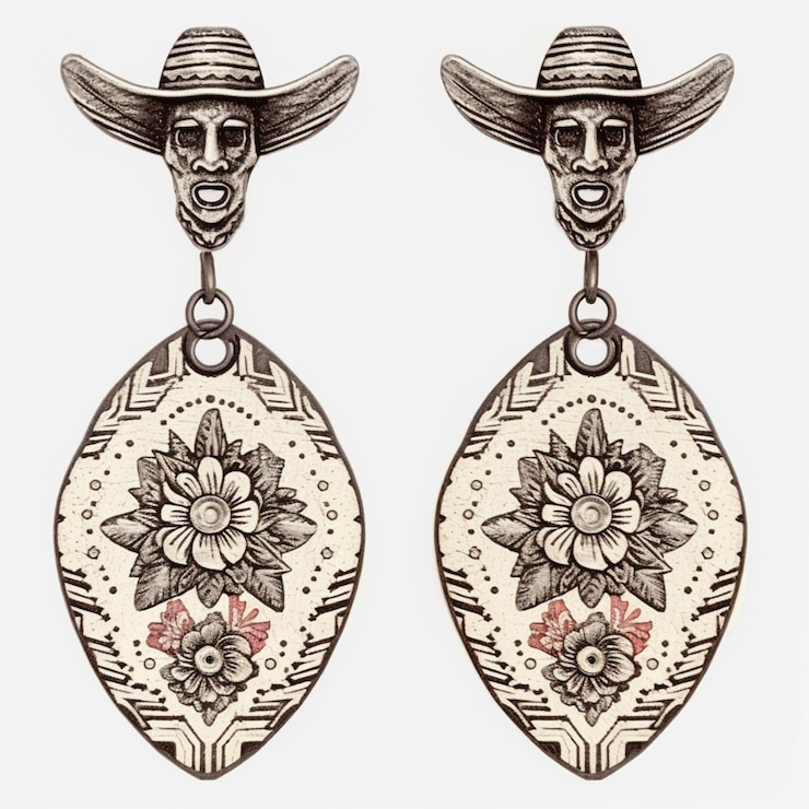 Foto un primer plano de un par de pendientes con un sombrero de vaquero en ellos ai generativo