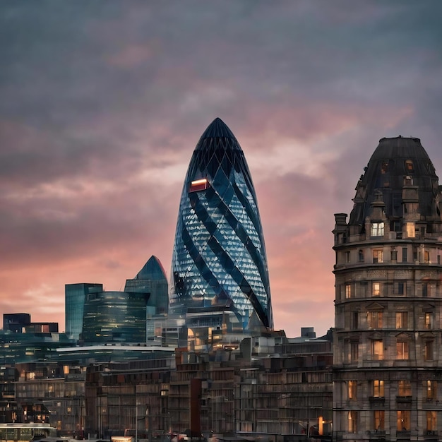 Un primer plano de una pared con 30 St Mary Axe en el fondo