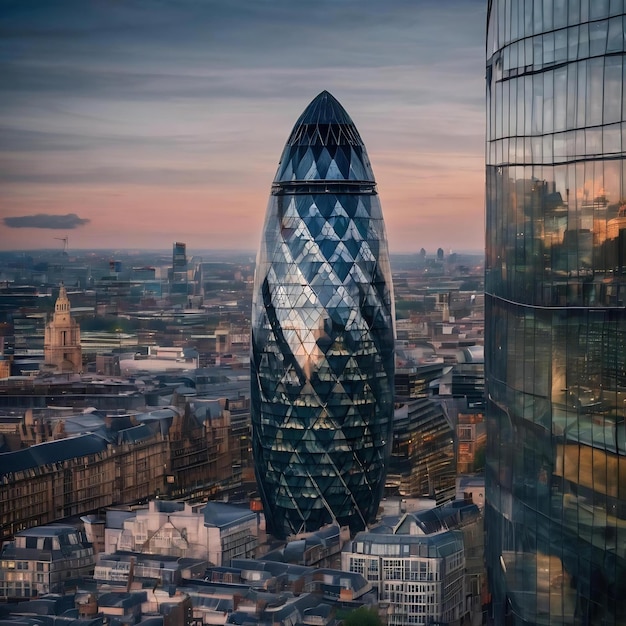 Un primer plano de una pared con 30 St Mary Axe en el fondo