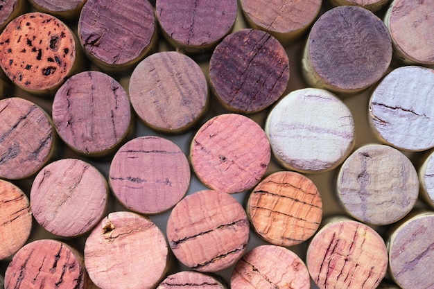 Primer plano de una pared de corchos de vino usados. Fondo de corchos de color vino. Corcho de vino con textura. Escaleras de vino en corchos viejos.