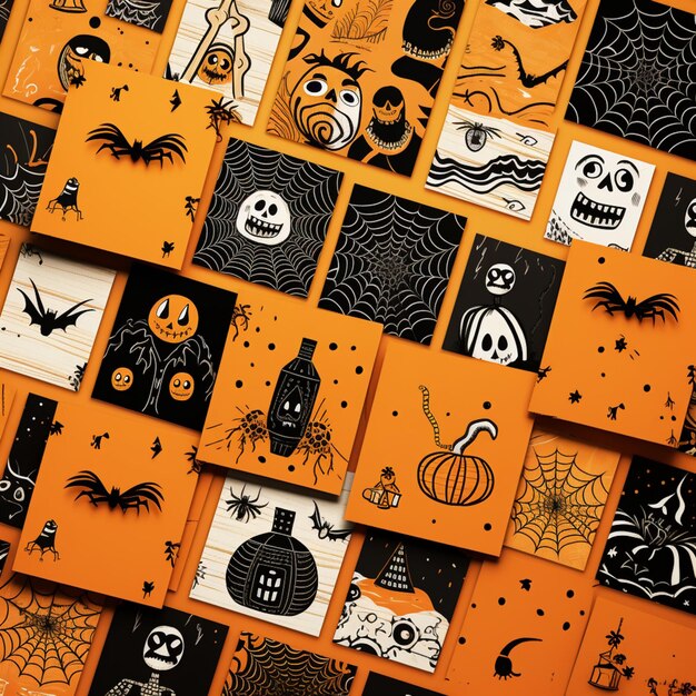 Foto un primer plano de una pared cubierta con muchos artículos diferentes con temas de halloween ai generativo