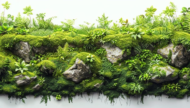 un primer plano de una pared cubierta de musgo con rocas y plantas generativas ai