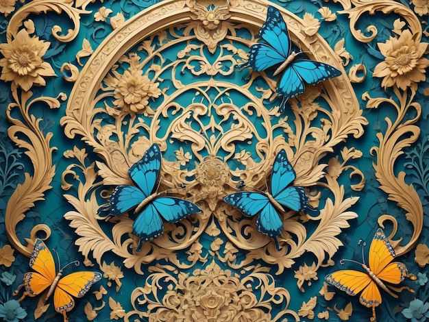 un primer plano de una pared con flores y una mariposa intrincado ornamentado anime chica estilo cgi