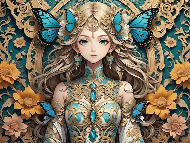 un primer plano de una pared con flores y una mariposa intrincado ornamentado anime chica estilo cgi