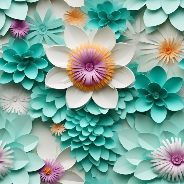 un primer plano de una pared de flores de papel con un centro púrpura generativo ai