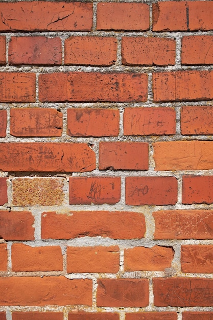 Primer plano de una pared de ladrillos desgastados y espacio de copia en el exterior de una casa o edificio de la ciudad Fondo de textura y detalle de diseño de construcción de arquitectura áspera de ladrillo rojo en estructura antigua