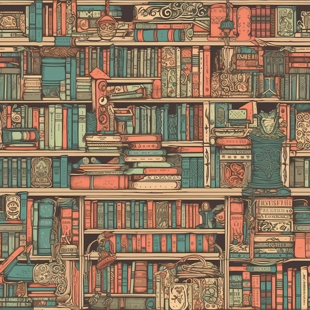 Un primer plano de una pared de libros con un reloj en la parte superior ai generativa
