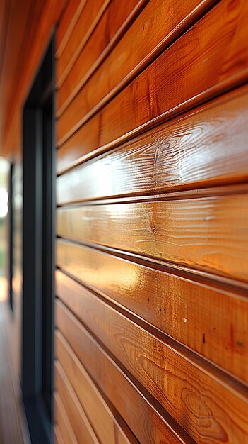 Un primer plano de una pared de madera con una ventana en el medio y un fondo borroso