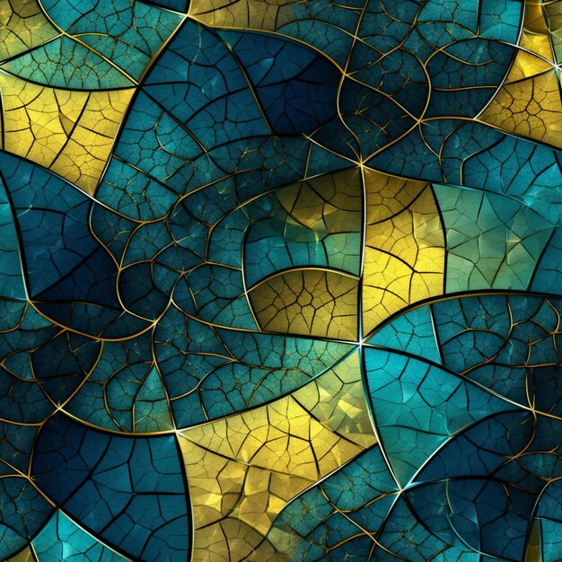 un primer plano de una pared de mosaico azul y amarillo ai generativo