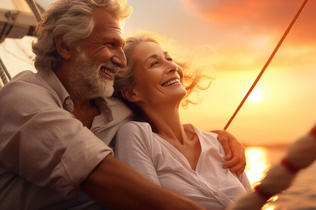 Primer plano de una pareja de ancianos disfrutando de una puesta de sol