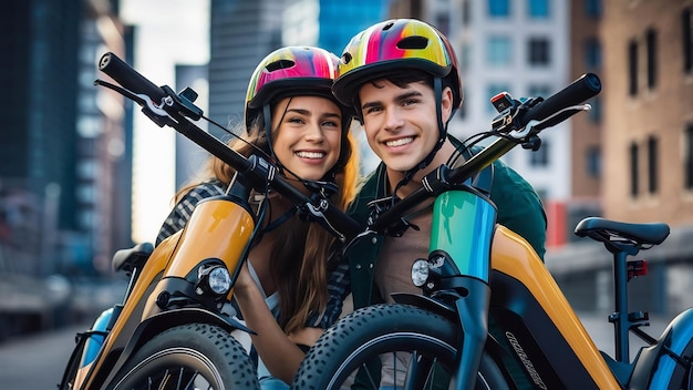 Un primer plano de una pareja con bicicletas eléctricas