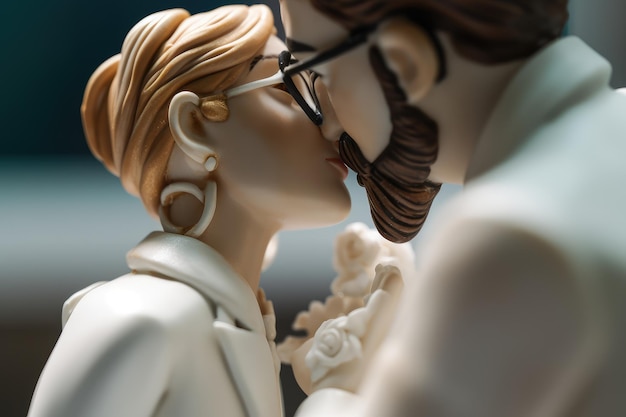 Primer plano de una pareja de figurillas en el pastel de bodas