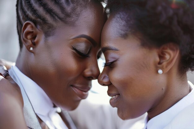 Foto primer plano de una pareja gay afroamericana recién casada cara a cara abrazándose y posando en la ceremonia