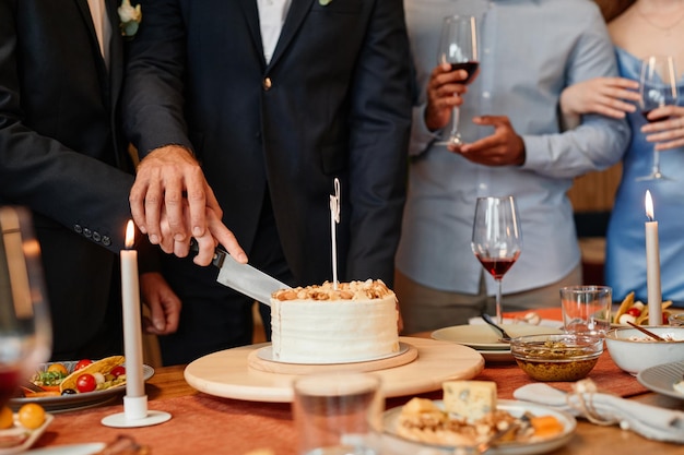 Primer plano de una pareja gay cortando el pastel juntos durante la recepción de la boda espacio de copia del matrimonio entre personas del mismo sexo