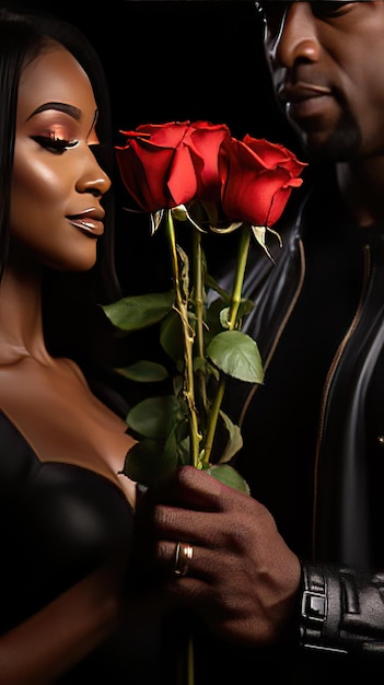 Un primer plano de una pareja con las manos sosteniendo rosas rojas u otro símbolo romántico