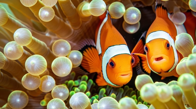 Primer plano de una pareja de peces payaso asomando desde su hogar de anémona sus cuerpos naranjas brillantes y