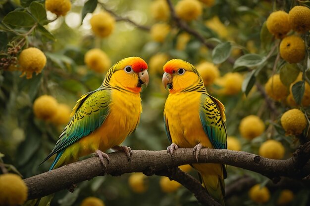 Un primer plano de una pareja de periquitos dorados en un árbol