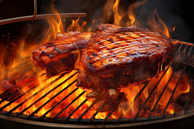 un primer plano de una parrilla con carne cocida