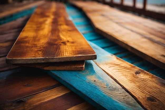 Primer plano de la parte superior de la mesa de madera o textura del piso de madera con fondo de pared de madera del concepto de tablón de madera colorido para publicidad