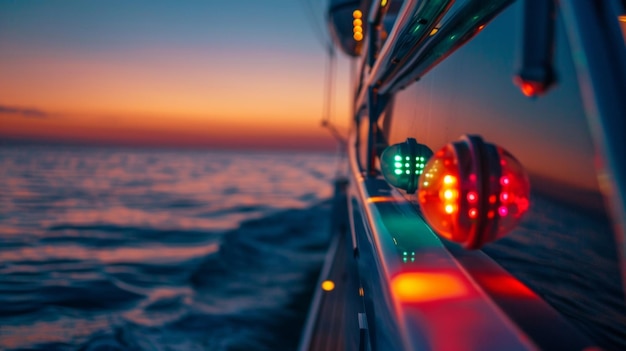 Un primer plano de la parte trasera de un yate que muestra su popa con sus luces de navegación cuidadosamente p
