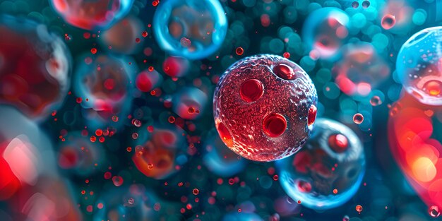 Foto primer plano de partículas virales en rojo flotando células azules y rojas vista microscópica