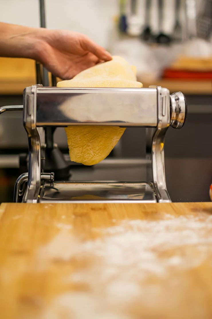 Primer plano de pasta y manos haciendo pasta italiana casera