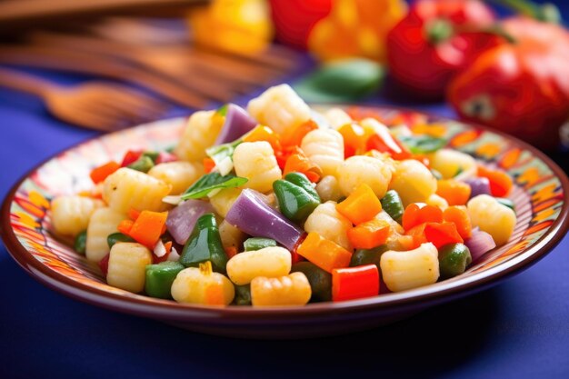 Foto primer plano de pasta de ñoquis en un plato colorido