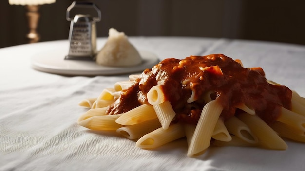 Un primer plano de la pasta de penne y un frasco de salsa en la mesa con queso y un rastrillo en el fondo