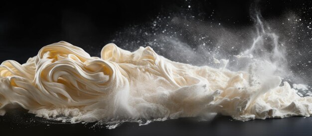 Foto primer plano de pasta de tagliatelle cruda cubierta de harina blanca sobre un fondo negro generar una imagen de ia