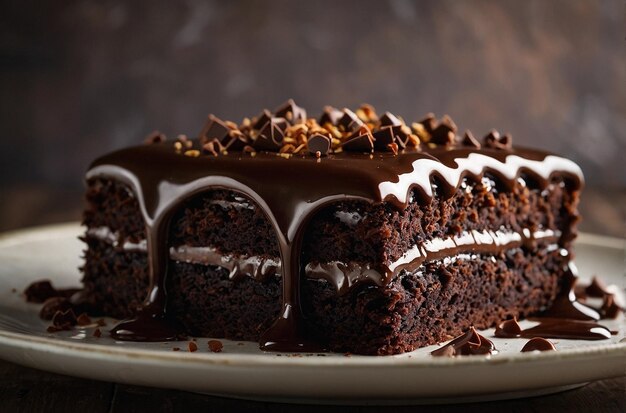 Primer plano de un pastel de capa de chocolate decadente con glaseado de ganache