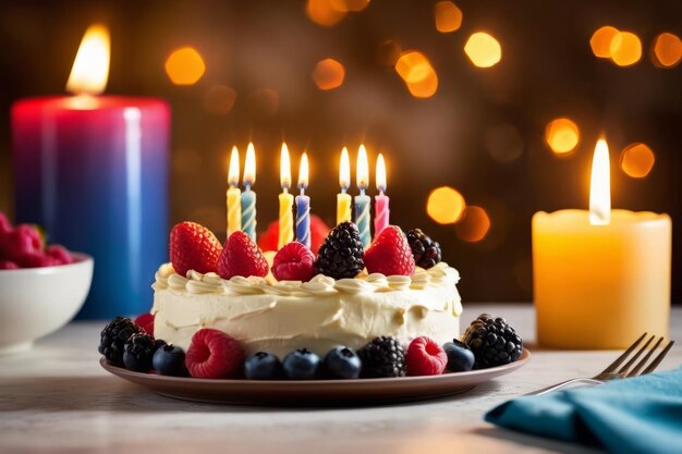 primer plano de un pastel de cumpleaños cremoso con bayas y velas en la mesa de la cocina de la familia personas celebrando en la noche en el fondo borroso papel tapiz para diseño web o impresión